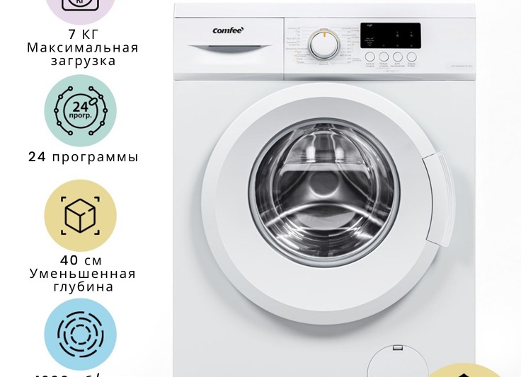 Стиральная машина узкая Comfee CFE06W70/W-RU, 7 кг, 40 см, 24 программы, отжим 1200 об/мин, быстрая